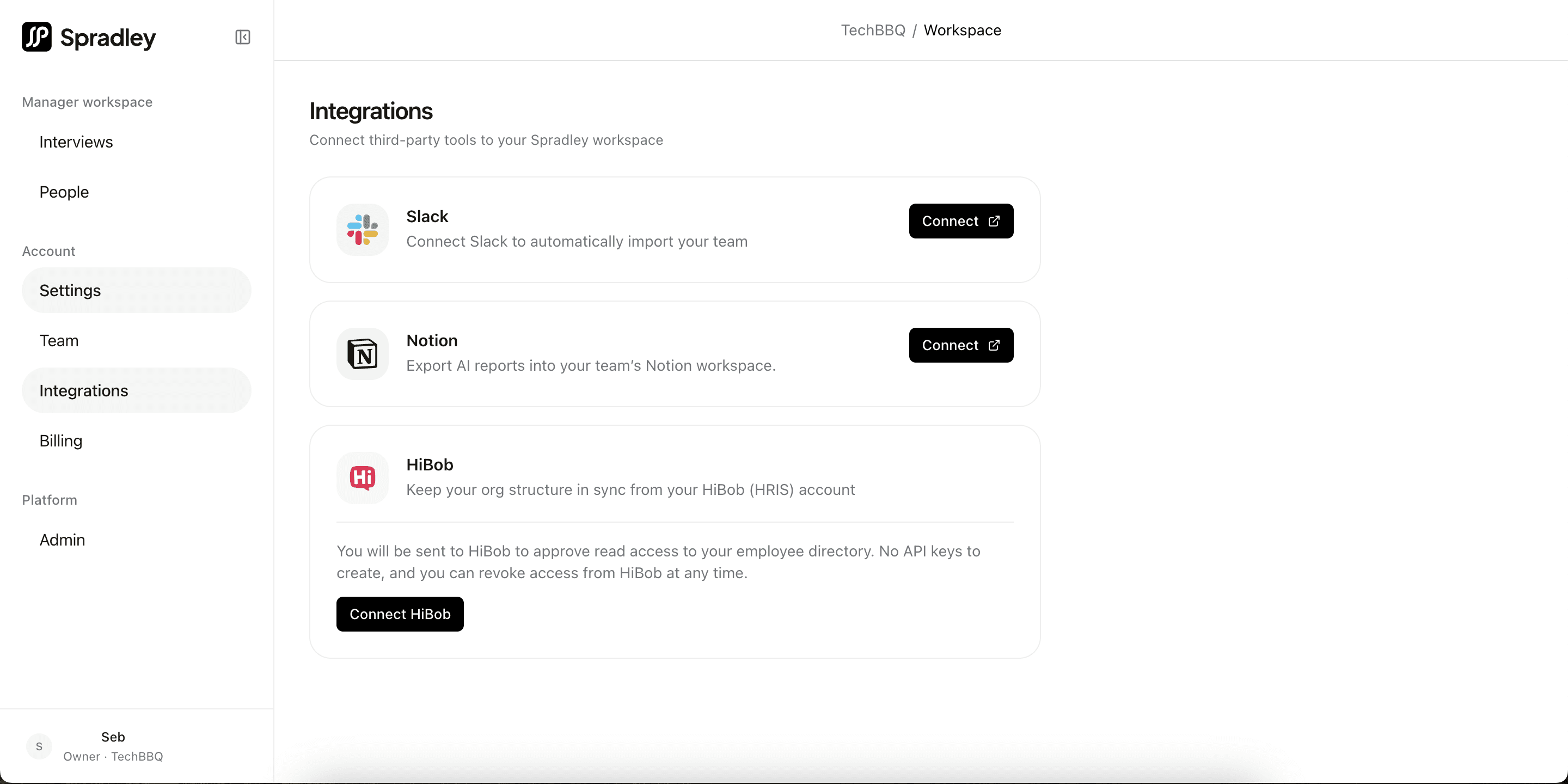 Spradley integrations settings with HiBob connection