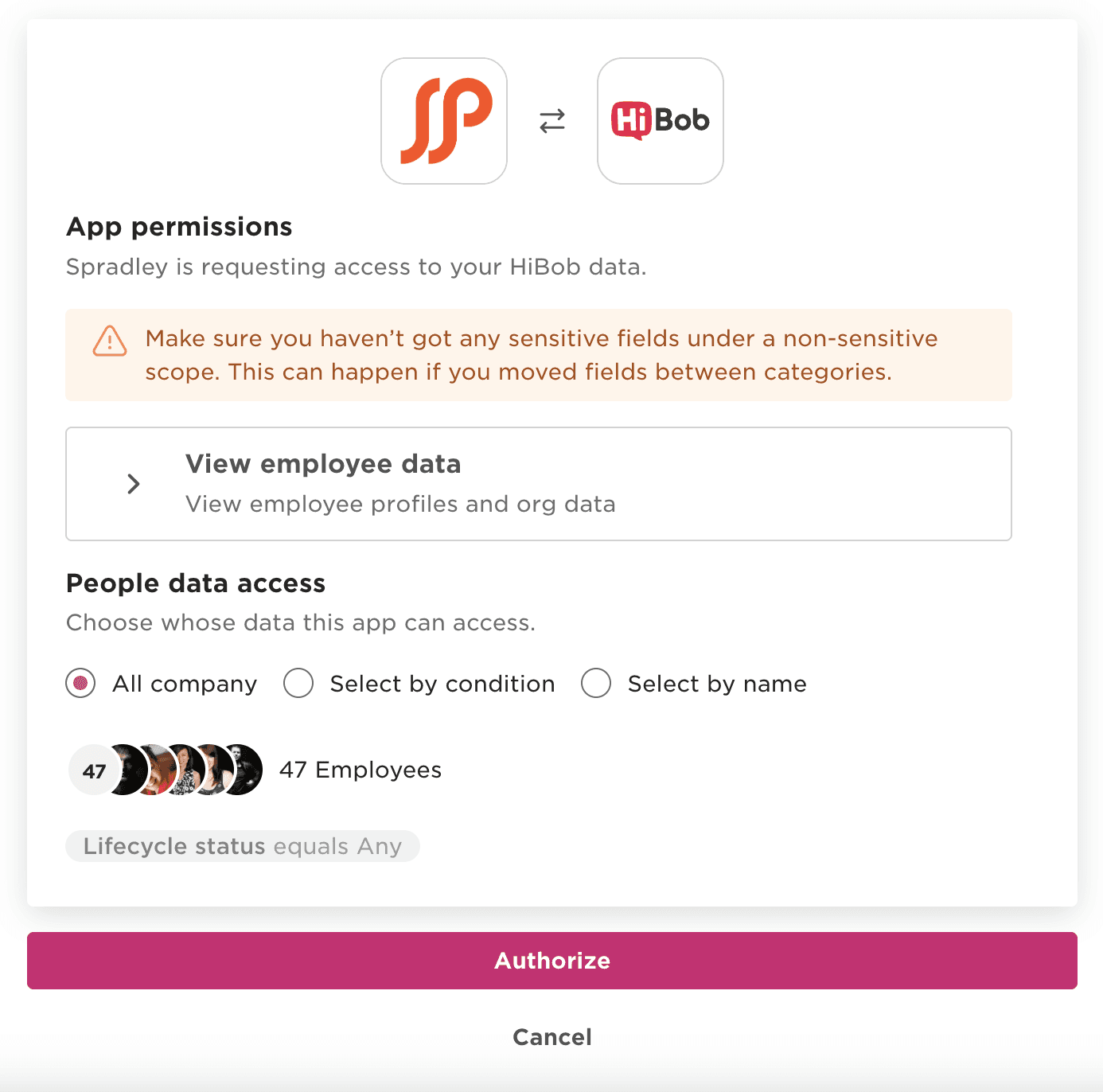 HiBob authorization permissions for Spradley